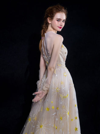 Cheap A Line Tulle Long Appliques Prom Dresses, Evening Party Dress ING71