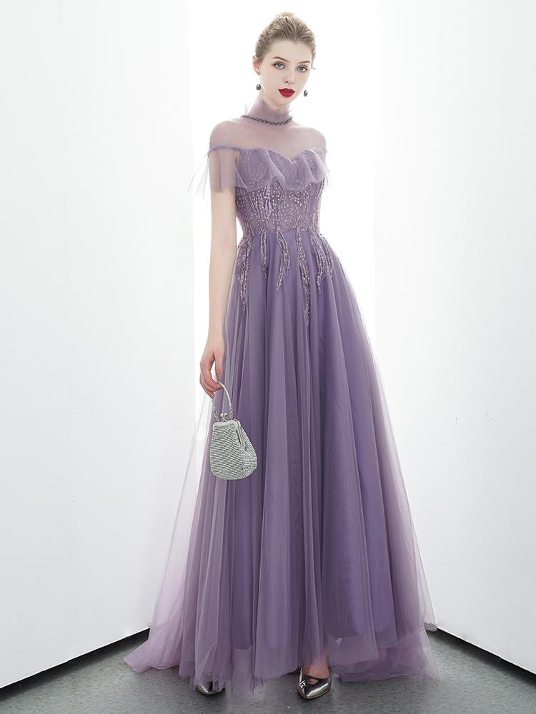 A-line Tulle Long High Neck Purple Prom Dress With Ruffles Formal Evening Dress INR86