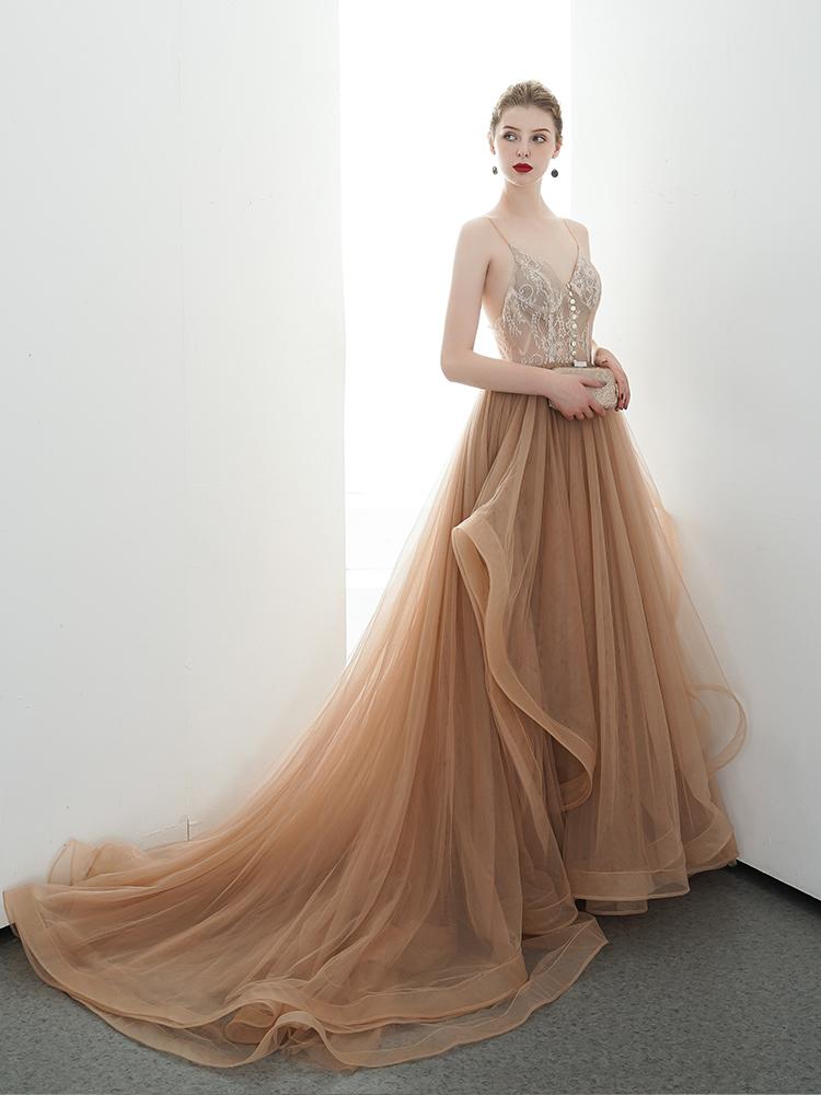 A-line Spaghetti Straps Tulle Long Lace Appliques Prom Dress Formal Evening Dress INR85