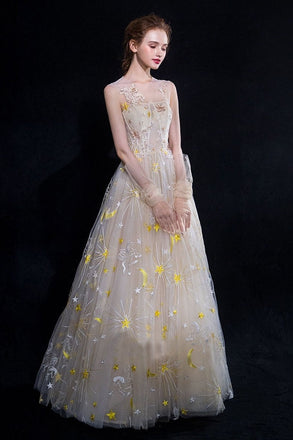 Cheap A Line Tulle Long Appliques Prom Dresses, Evening Party Dress ING71