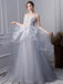 Gray A Line Long Spaghetti Straps Prom Dresses With Lace INK58