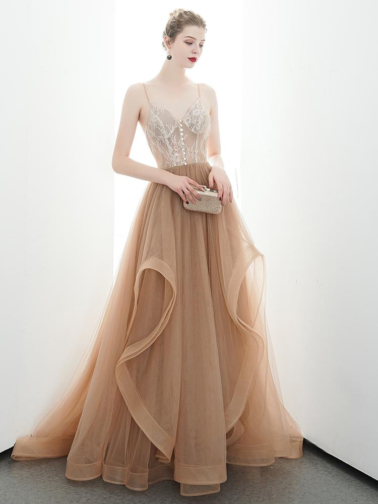 A-line Spaghetti Straps Tulle Long Lace Appliques Prom Dress Formal Evening Dress INR85