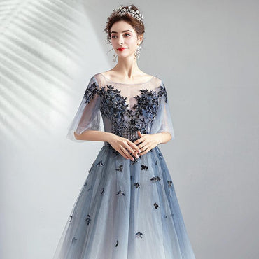 Ombre A Line Half Sleeves Tulle Round Neck Prom Dress Evening Dresses INQ75