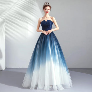 Strapless Ombre A Line  Tulle Prom Dress Long Formal Dresses INQ74