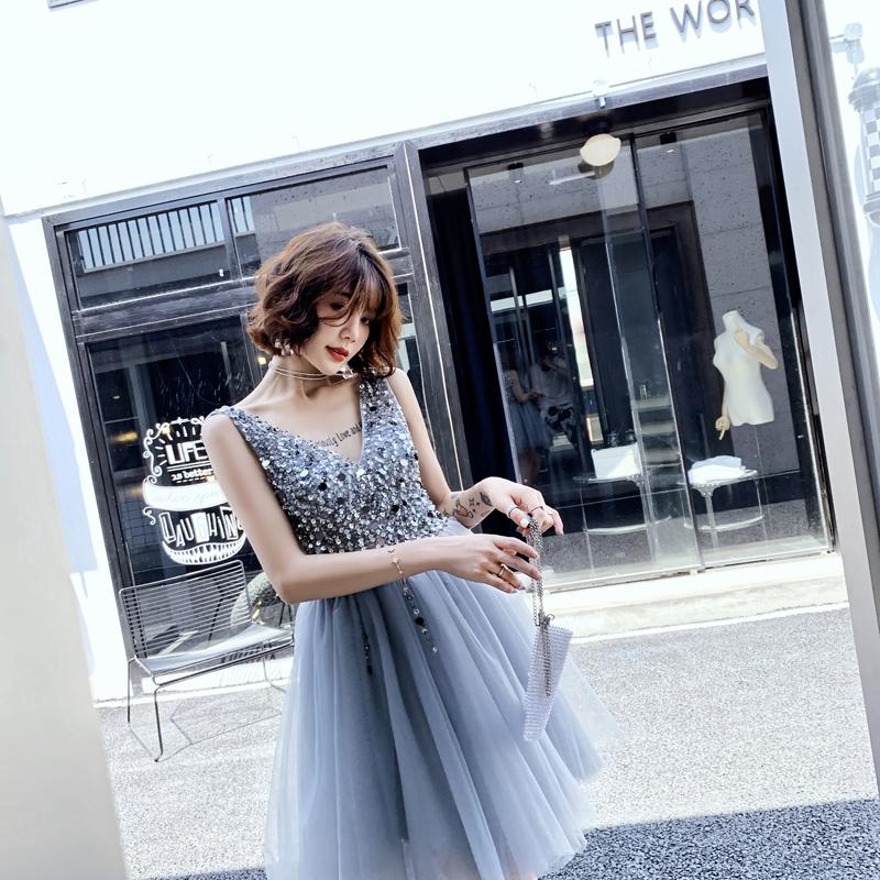 V Neck A Line Beaded Homecoming Dresses, Short Tulle Prom Dress INN59