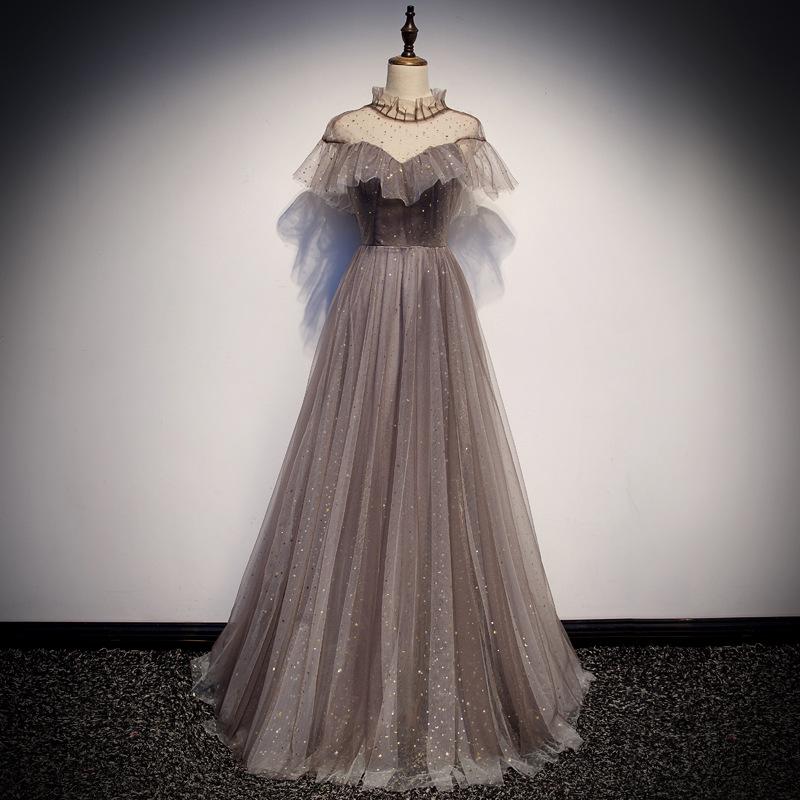 A Line High Neck Tulle Short Sleeves Prom Dress Long Evening Party Dresses INQ73