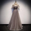 A Line High Neck Tulle Short Sleeves Prom Dress Long Evening Party Dresses INQ73