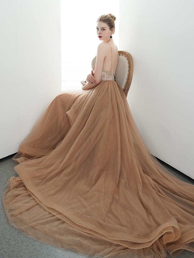 A-line Spaghetti Straps Tulle Long Lace Appliques Prom Dress Formal Evening Dress INR85