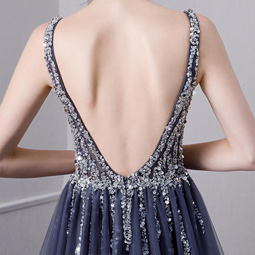 A Line V Neck Tulle Navy Blue Long Prom Dresses With Beading INL29