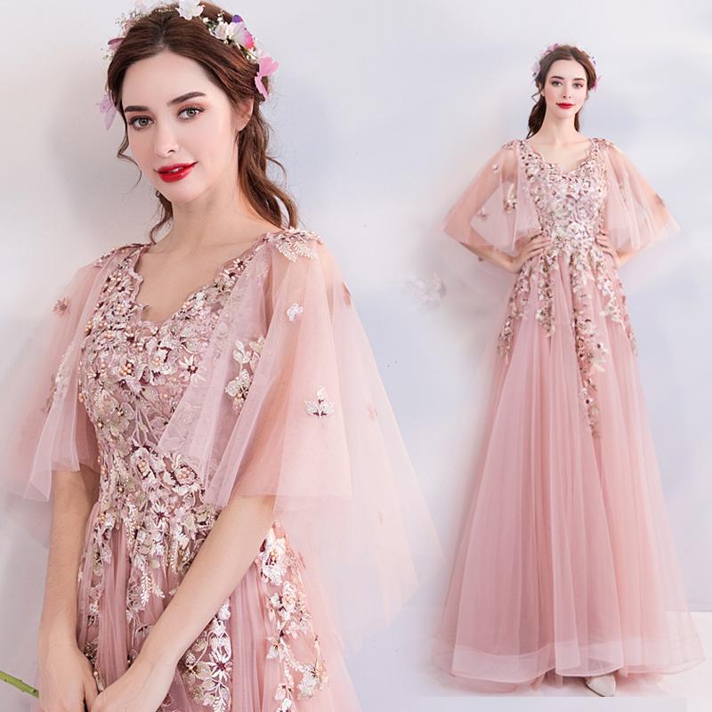 Princess A Line Pink Long Tulle Appliques V Neck Prom Dresses ING68