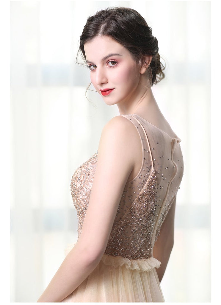 A Line Bateau Tulle Long Prom Dresses With Beads INL27
