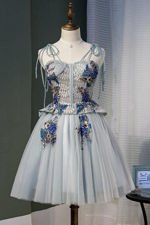 Cheap Gray A Line Tulle Homecoming Dresses With Appliques INN55