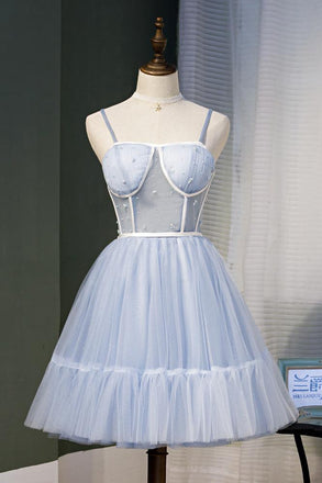 Light Blue A Line Spaghetti Straps Tulle Short Homecoming Dresses INN49