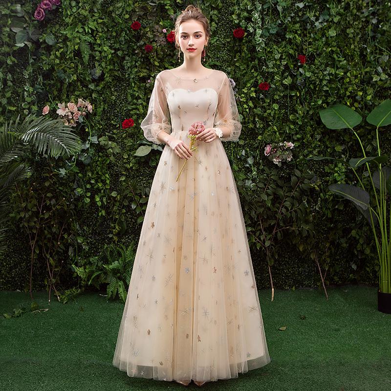 Stunning A Line 3/4 Sleeves Tulle Round Neck Prom Dress Evening Dresses INQ76