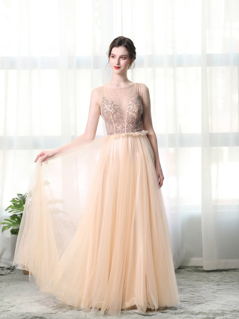 A Line Bateau Tulle Long Prom Dresses With Beads INL27