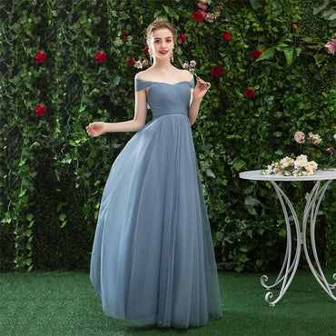 A Line CHiffon Blue Off the Shoulder Prom Dress, Long Bridesmaid Dresses INQ78