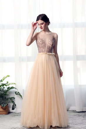 A Line Bateau Tulle Long Prom Dresses With Beads INL27