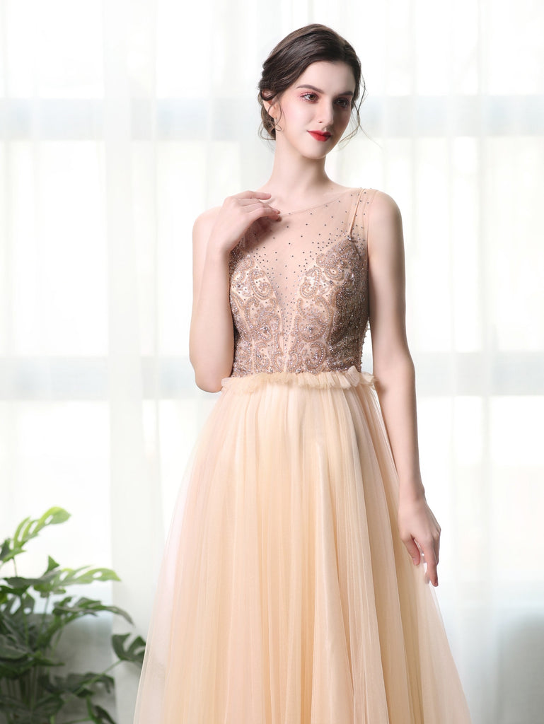 A Line Bateau Tulle Long Prom Dresses With Beads INL27
