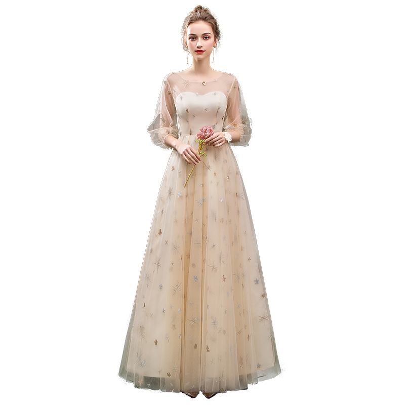 Stunning A Line 3/4 Sleeves Tulle Round Neck Prom Dress Evening Dresses INQ76