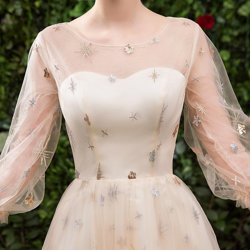 Stunning A Line 3/4 Sleeves Tulle Round Neck Prom Dress Evening Dresses INQ76