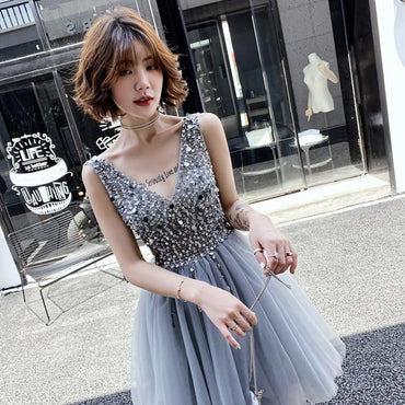 V Neck A Line Beaded Homecoming Dresses, Short Tulle Prom Dress INN59