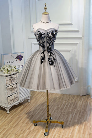 A Line Sweetheart Tulle Black Short Homecoming Dress With Flowers INN46