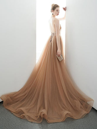 A-line Spaghetti Straps Tulle Long Lace Appliques Prom Dress Formal Evening Dress INR85