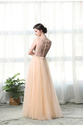 A Line Bateau Tulle Long Prom Dresses With Beads INL27