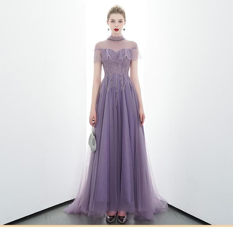 A-line Tulle Long High Neck Purple Prom Dress With Ruffles Formal Evening Dress INR86