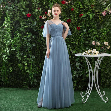 A Line V Neck CHiffon Blue Cheap Prom Dress, Long Bridesmaid Dresses INQ81
