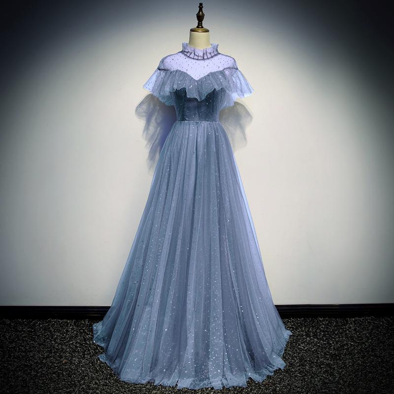 A Line High Neck Tulle Short Sleeves Prom Dress Long Evening Party Dresses INQ73
