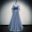 A Line High Neck Tulle Short Sleeves Prom Dress Long Evening Party Dresses INQ73