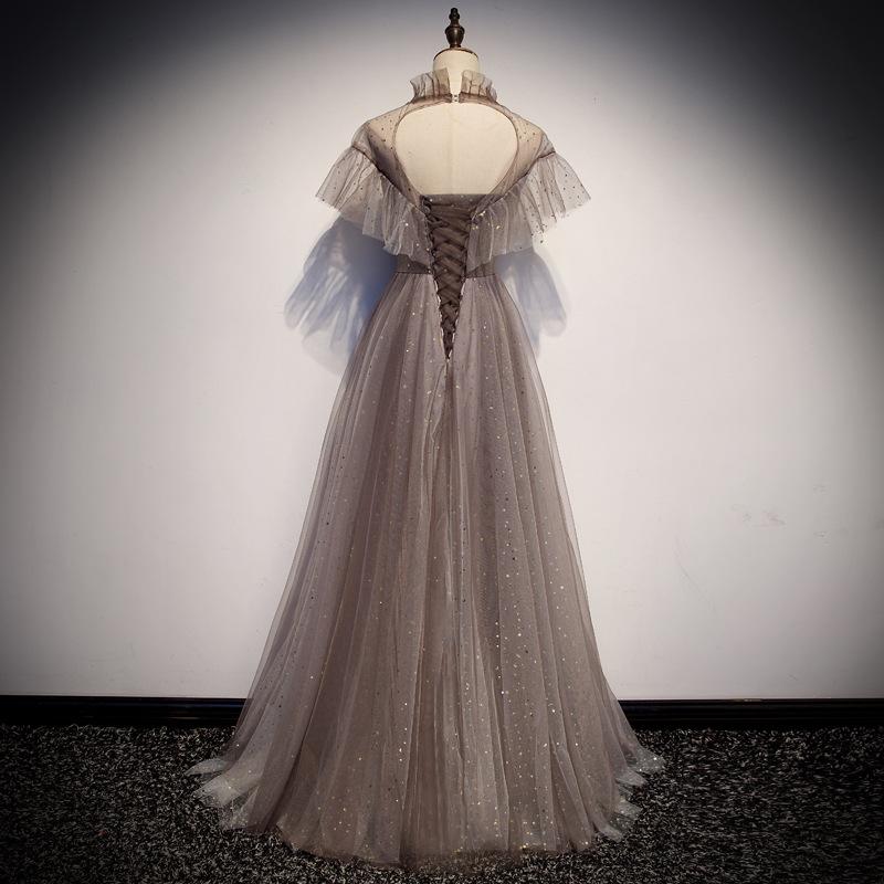 A Line High Neck Tulle Short Sleeves Prom Dress Long Evening Party Dresses INQ73