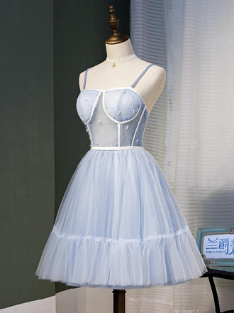 Light Blue A Line Spaghetti Straps Tulle Short Homecoming Dresses INN49