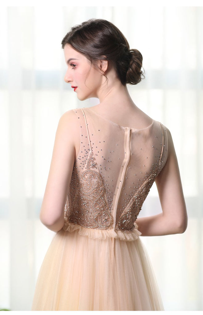 A Line Bateau Tulle Long Prom Dresses With Beads INL27