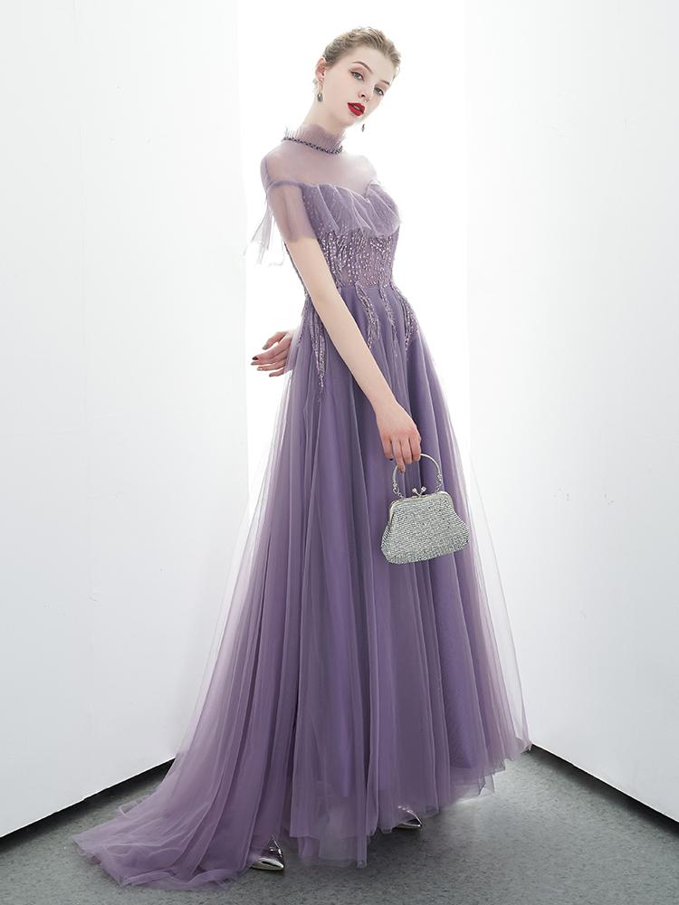 A-line Tulle Long High Neck Purple Prom Dress With Ruffles Formal Evening Dress INR86