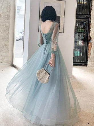 A Line Long Sleeves Round Neck Tulle Floral Appliques Prom Dresses INQ83