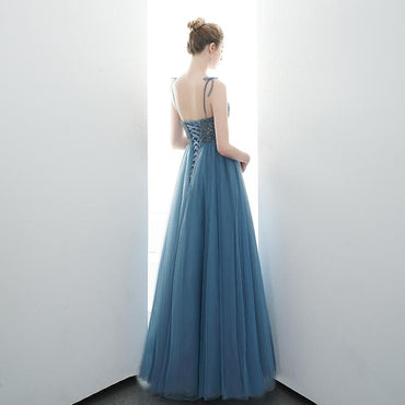 A-line Spaghetti Straps Blue Lace Up Back Beading Tulle Long Prom Dress INR84