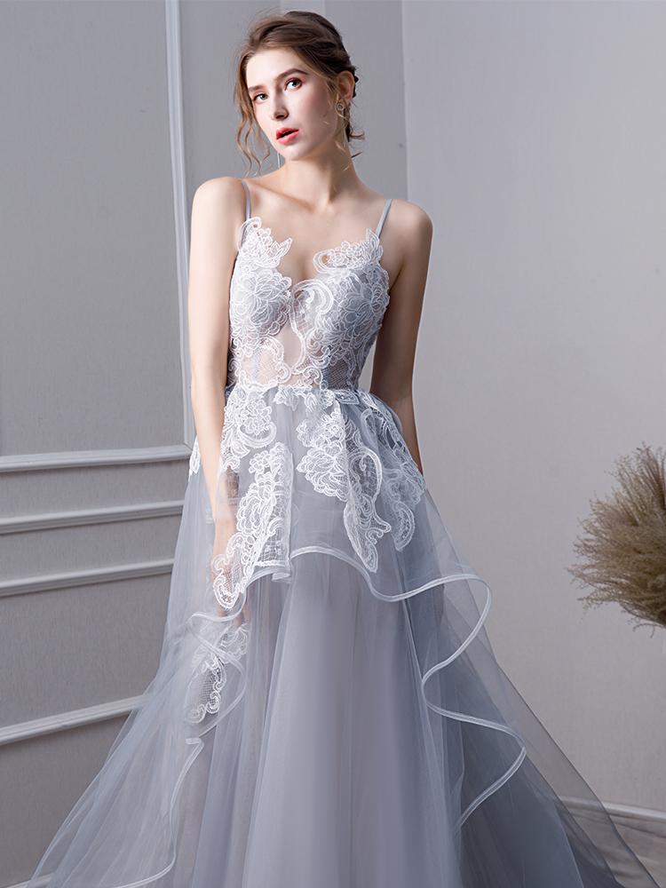 Gray A Line Long Spaghetti Straps Prom Dresses With Lace INK58