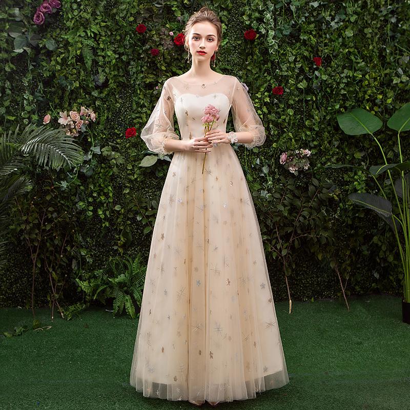 Stunning A Line 3/4 Sleeves Tulle Round Neck Prom Dress Evening Dresses INQ76