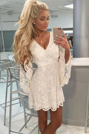A-Line V-neck Open Back Bell Sleeves Short White Lace Homecoming Dress INM8