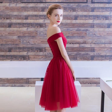 Simple Off the Shoulder Tulle Homecoming Dresses,Short Red Cocktail Party Dress IN311