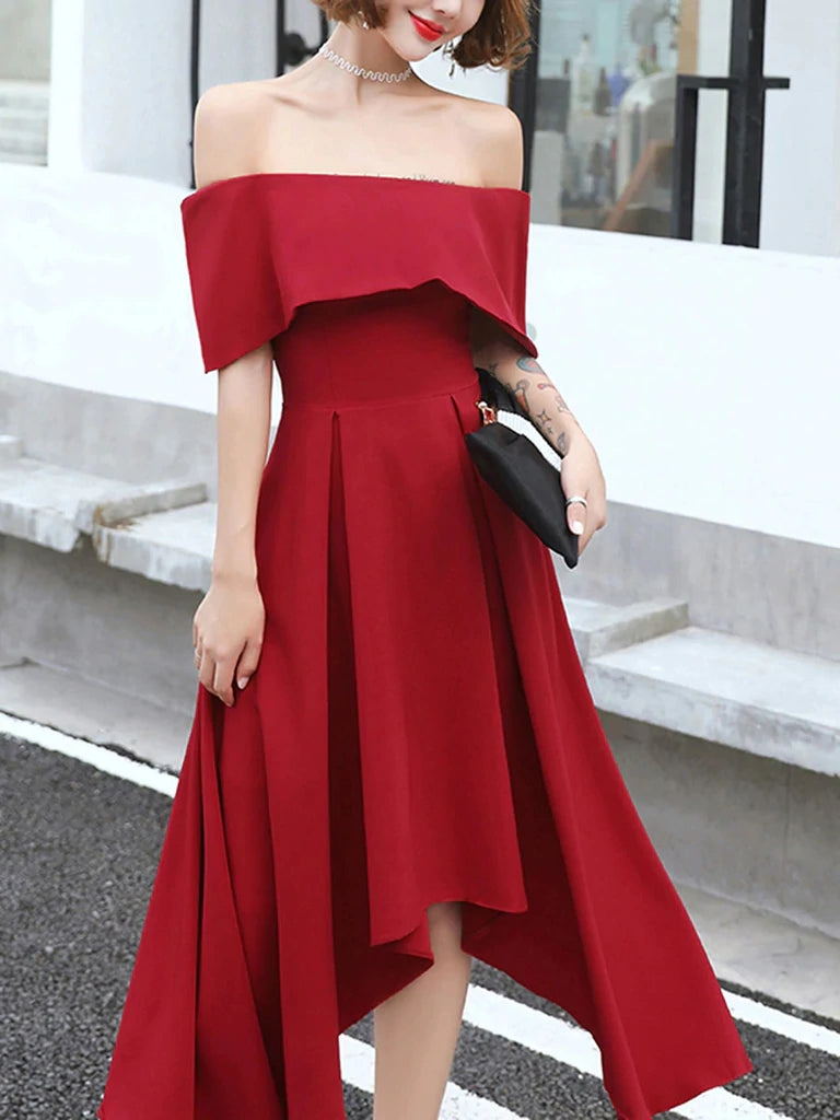 High Low Tea Length Prom Dress, Off Shoulder Graduation Dresses, Burgundy Homecoming Dresses INHD12