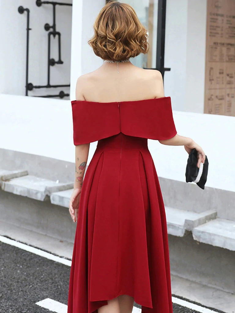 High Low Tea Length Prom Dress, Off Shoulder Graduation Dresses, Burgundy Homecoming Dresses INHD12