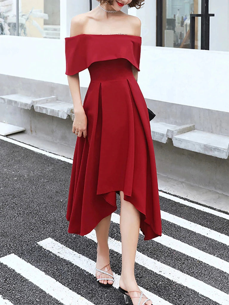 High Low Tea Length Prom Dress, Off Shoulder Graduation Dresses, Burgundy Homecoming Dresses INHD12