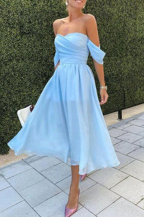 Off Shoulder Light Blue Tea Length Prom Dress, Homecoming Dresses, Formal Graduation Dresses INHD11