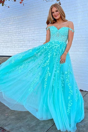Off the Shoulder Blue A Line Lace Appliques Prom Dresses, Formal Evening Dresses IN1989