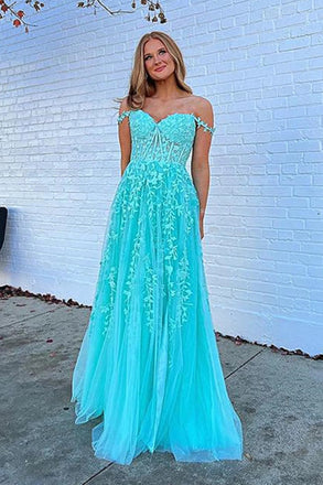 Off the Shoulder Blue A Line Lace Appliques Prom Dresses, Formal Evening Dresses IN1989