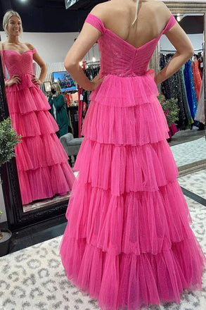 Off the Shoulder Hot Pink High Low Prom Dresses, Formal Evening Dresses IN1960