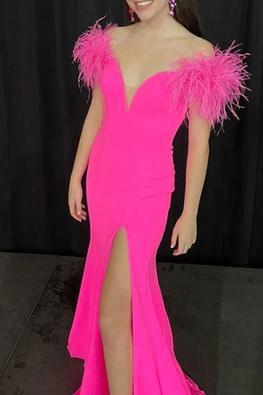 Off the Shoulder Hot Pink Long Prom Dresses With Slit,  Formal Evening Dresses IN1986